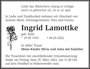 Traueranzeige von Ingrid Lamottke von Märkische Oderzeitung