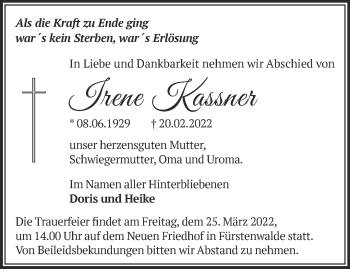Traueranzeige von Irene Kassner von Märkische Oderzeitung