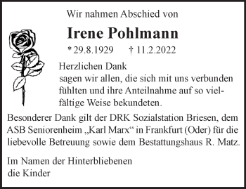 Traueranzeige von Irene Pohlmann von Märkische Oderzeitung