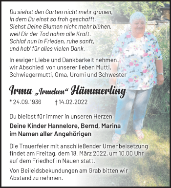 Traueranzeige von Irma Hämmerling von Märkische Oderzeitung