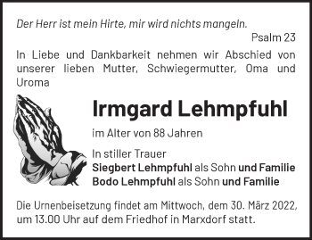 Traueranzeige von Irmgard Lehmpfuhl von Märkische Oderzeitung