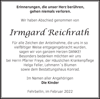 Traueranzeige von Irmgard Reichrath von Märkische Oderzeitung