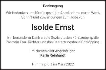 Traueranzeige von Isolde Ernst von Märkische Oderzeitung