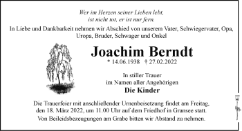 Traueranzeige von Joachim Berndt von Märkische Oderzeitung