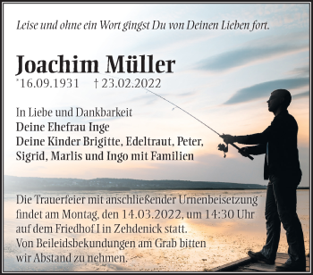 Traueranzeige von Joachim Müller von Märkische Oderzeitung