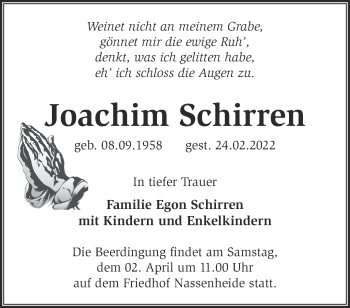Traueranzeige von Joachim Schirren von Märkische Oderzeitung