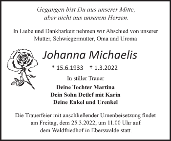 Traueranzeige von Johanna Michaelis von Märkische Oderzeitung