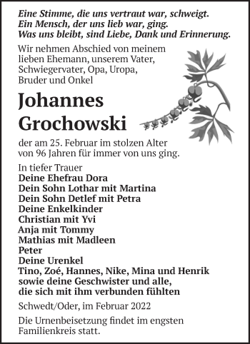 Traueranzeige von Johannes Grochowski von Märkische Oderzeitung