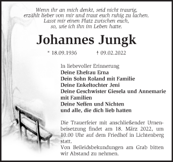 Traueranzeige von Johannes Jungk von Märkische Oderzeitung