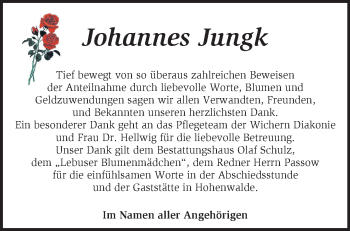 Traueranzeige von Johannes Jungk von Märkische Oderzeitung