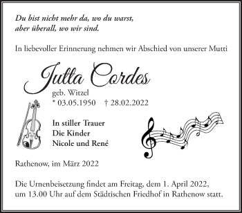 Traueranzeige von Jutta Cordes von Märkische Oderzeitung