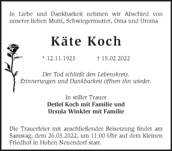 Traueranzeige von Käte Koch von Märkische Oderzeitung