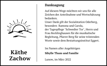 Traueranzeige von Käthe Zachow von Märkische Oderzeitung