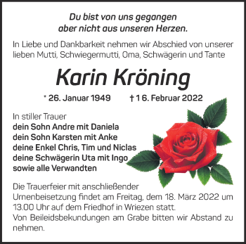 Traueranzeige von Karin Kröning von Märkische Oderzeitung