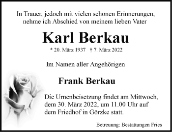 Traueranzeige von Karl Berkau von Märkische Oderzeitung