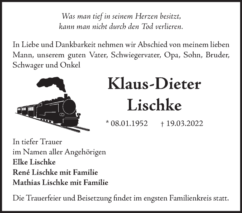  Traueranzeige für Klaus-Dieter Lischke vom 26.03.2022 aus Märkische Oderzeitung