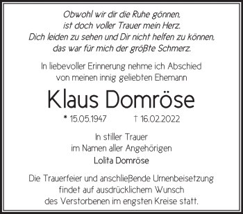 Traueranzeige von Klaus Domröse von Märkische Oderzeitung