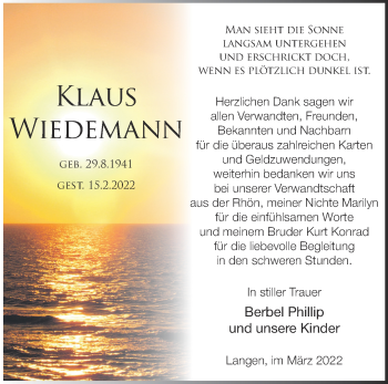 Traueranzeige von Klaus Wiedemann von Märkische Oderzeitung