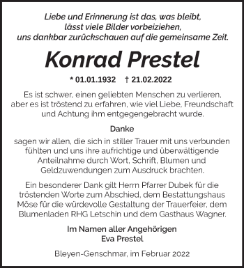 Traueranzeige von Konrad Prestel von Märkische Oderzeitung