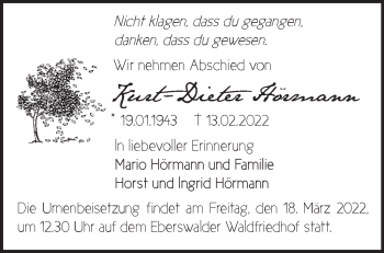 Traueranzeige von Kurt-Dieter Hörmann von Märkische Oderzeitung