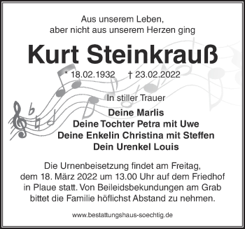 Traueranzeige von Kurt Steinkrauß von Märkische Oderzeitung