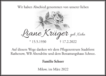 Traueranzeige von Liane Krüger von Märkische Oderzeitung
