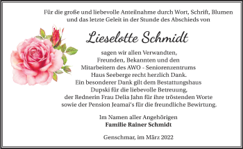 Traueranzeige von Lieselotte Schmidt von Märkische Oderzeitung