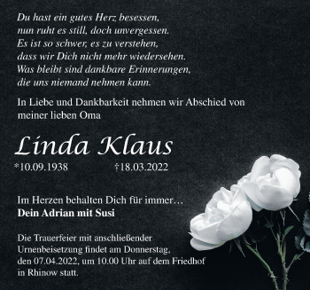 Traueranzeige von Linda Klaus von Märkische Oderzeitung