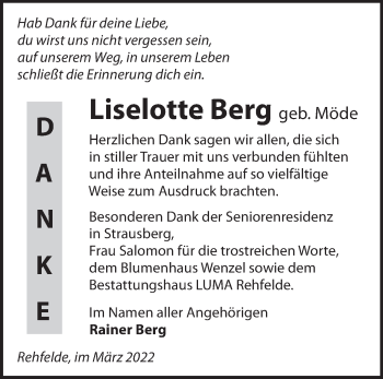 Traueranzeige von Liselotte Berg von Märkische Oderzeitung