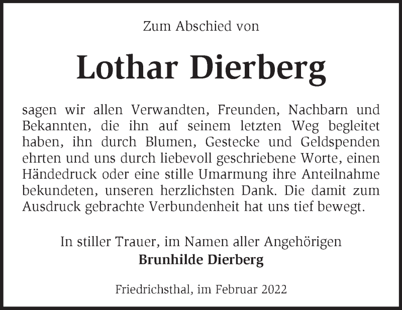  Traueranzeige für Lothar Dierberg vom 06.03.2022 aus Märkische Oderzeitung