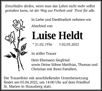 Traueranzeige von Luise Heldt von Märkische Oderzeitung
