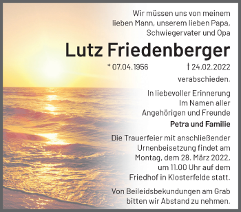 Traueranzeige von Lutz Friedenberger von Märkische Oderzeitung