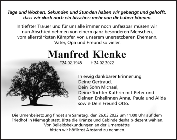 Traueranzeige von Manfred Klenke von Märkische Oderzeitung