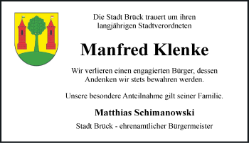 Traueranzeige von Manfred Klenke von Märkische Oderzeitung