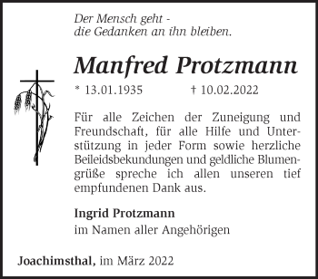 Traueranzeige von Manfred Protzmann von Märkische Oderzeitung