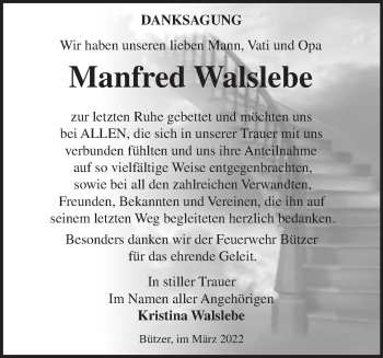 Traueranzeige von Manfred Walslebe von Märkische Oderzeitung