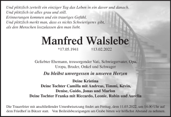 Traueranzeige von Manfred Walslebe von Märkische Oderzeitung