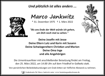 Traueranzeige von Marco Jankwitz von Märkische Oderzeitung