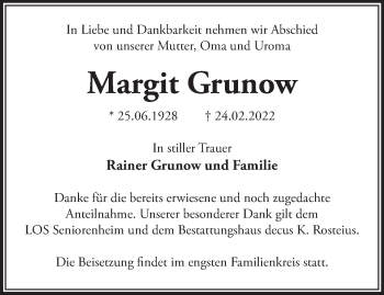 Traueranzeige von Margit Grunow von Märkische Oderzeitung