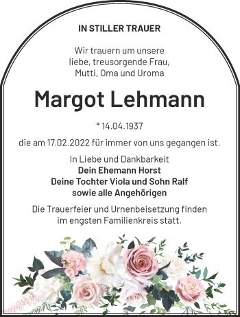 Traueranzeige von Margot Lehmann von Märkische Oderzeitung
