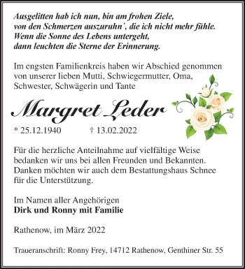 Traueranzeige von Margret Leder von Märkische Oderzeitung