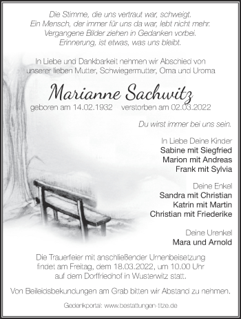 Traueranzeige von Marianne Sachwitz von Märkische Oderzeitung