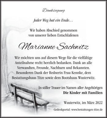 Traueranzeige von Marianne Sachwitz von Märkische Oderzeitung