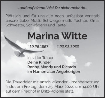 Traueranzeige von Marina Witte von Märkische Oderzeitung