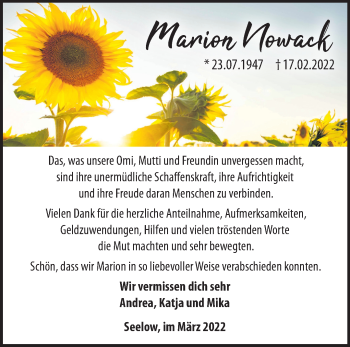 Traueranzeige von Marion Nowack von Märkische Oderzeitung