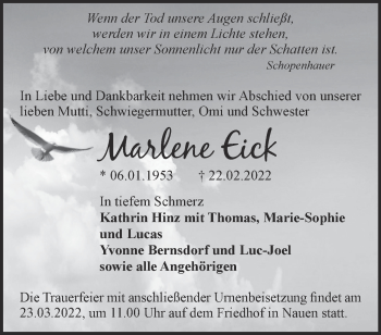 Traueranzeige von Marlene Eick von Märkische Oderzeitung