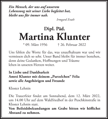 Traueranzeige von Martina Klunter von Märkische Oderzeitung