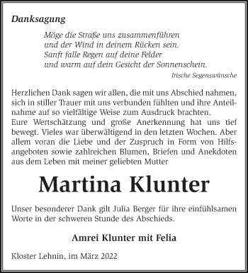 Traueranzeige von Martina Klunter von Märkische Oderzeitung