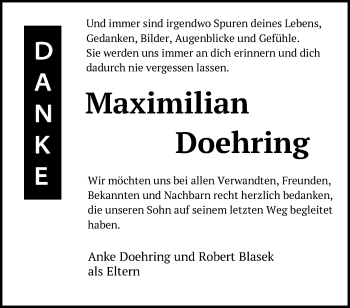 Traueranzeige von Maximilian Doehring von Märkische Oderzeitung