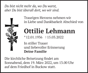 Traueranzeige von Ottilie Lehmann von Märkische Oderzeitung